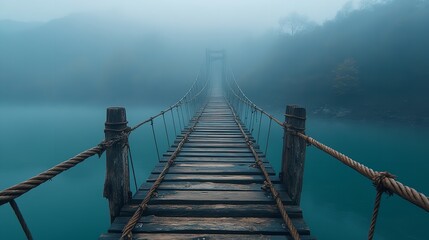 Wide Old Wooden Rope Bridge Over Abyss, High-Angle View, Foggy Morning