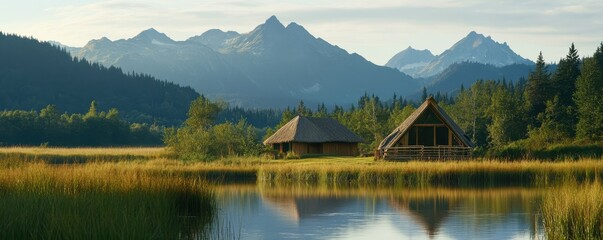 Rustic cabins by tranquil lake with majestic mountain views at sunset