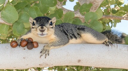 Relaxed squirrel on branch, macadamia nuts, tree, sunny day, nature scene