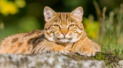 Golden cat resting on rock, nature background, pet portrait