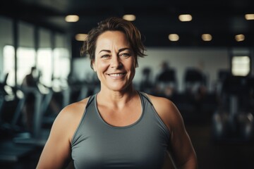 Fototapeta premium Smiling portrait of a middle aged slightly overweight woman in gym