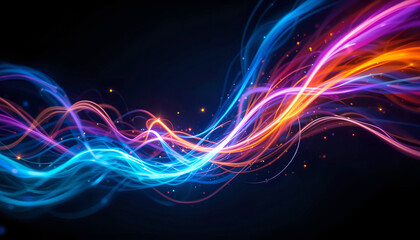 Abstract composition with swirling colorful light trails against a dark background