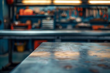 Metal blank table top with blurred automotive tools