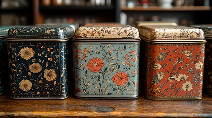 Decorative metal tins on wooden surface, vintage style, shop display, possible tea or spice storage