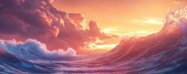 Fototapeta premium Majestic ocean waves under vibrant sunset with dramatic clouds in a serene seascape