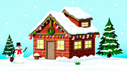 charming brick house decorated for christmas sits in a snowy landscape with a cheerful snowman.