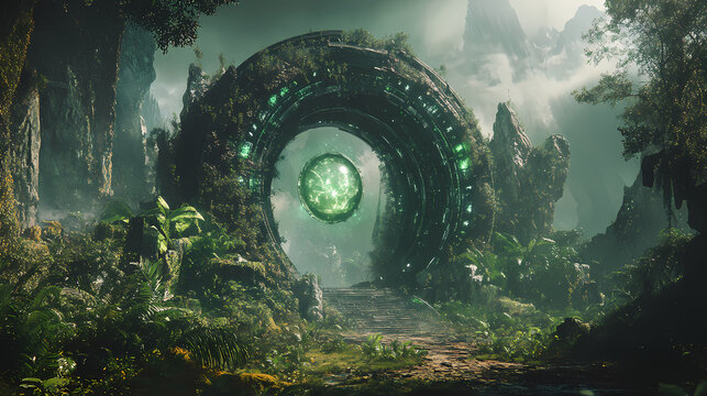 Lush alien world portal architecture with jungle landscape and celestial gateway to another dimension. Celestial Forest Portal. Illustration