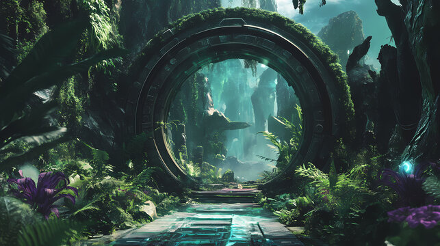 Lush alien world portal architecture with jungle landscape and celestial gateway to another dimension. Celestial Forest Portal. Illustration