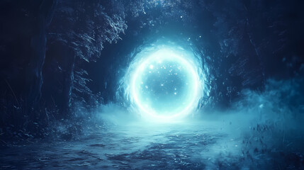 Fototapeta premium Mysterious glowing portal in enchanted forest at night. Celestial Forest Portal. Illustration