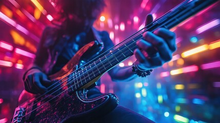 Bass Guitarist Performs on Stage with Vibrant Lighting