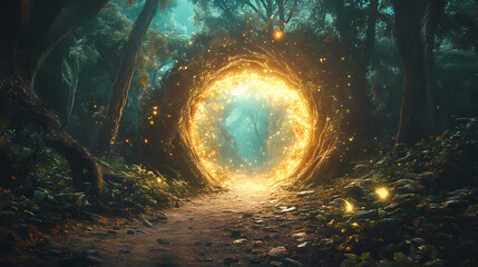 Mystical journey through a luminous portal. Celestial Forest Portal. Illustration