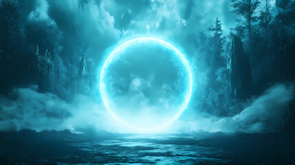 Mystical turquoise portal surrounded by ethereal forest landscape. Celestial Forest Portal. Illustration