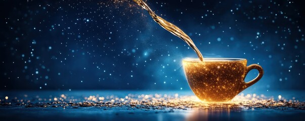 Fototapeta premium Sparkling beverage pouring into glowing cup amidst starry night backdrop