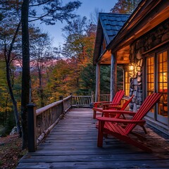 Beautiful log cabin with warm lights and fall colors