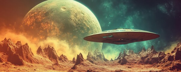 Obraz premium Futuristic spaceship hovering over alien planet surface with majestic distant moon in starry sky