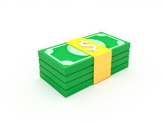 stack of cartoonish green money bills banded in yellow with a dollar sign.