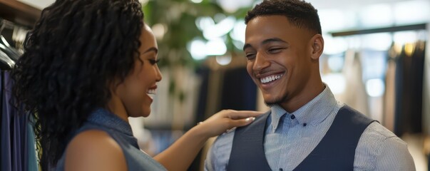 Young african adults smiling in clothing store