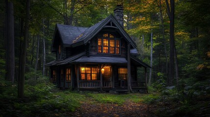 Remote wooden cabin surrounded by trees with golden leaves