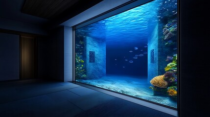 Serene underwater view through a glass wall showcasing vibrant coral reefs and fish
