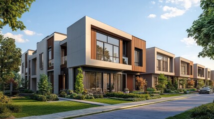 Modern townhouses, suburban street, sunny day, landscaping, real estate