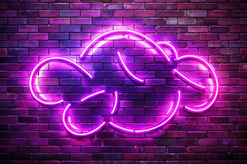 Purple neon cloud sign on brick wall.