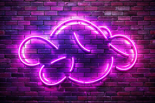Purple neon cloud sign on brick wall.