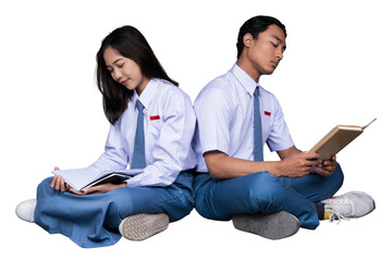 Full Body of Indonesian Male and Female High School Students in Uniform Sitting in Floor Isolated...