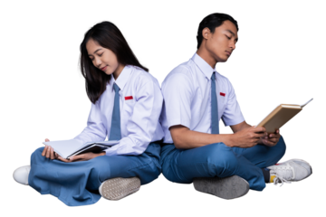 Full Body of Indonesian Male and Female High School Students in Uniform Sitting in Floor Isolated Transparent