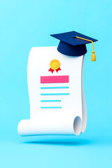 3d rendering of a white diploma with a blue graduation cap and yellow medal on a light blue background