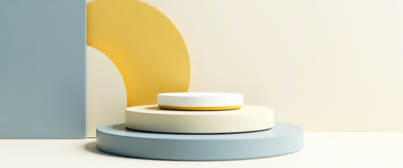 three pastel-colored cylindrical platforms arranged in a minimalist display