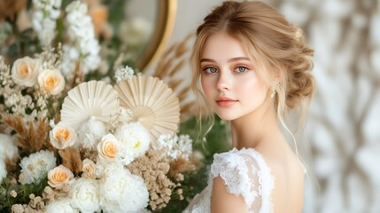 Naklejka premium Beautiful Bridal Portrait with Floral Bouquet and Updo