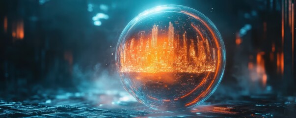 Futuristic city encased in glowing orb with neon lights in eerie landscape