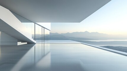 Modern house interior with infinity pool, mountain and ocean view