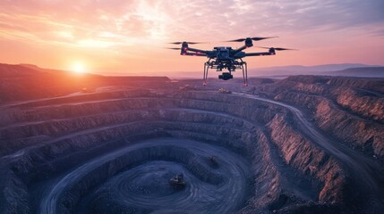 Drone Surveying a Massive Open-Pit Mine at Sunset
