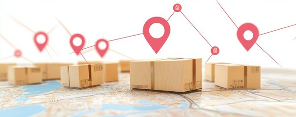 Packages on a map with location markers representing global shipping and logistics route planning