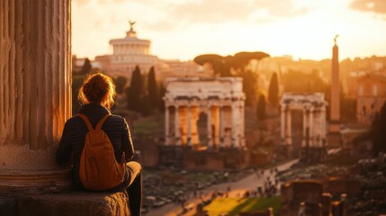 Fototapeta premium Rome, Italy A traveler leans against a column at the Roman Forum, the ruins bathed in golden sunset light.