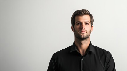 Obraz premium Confident Young Man in Black Shirt Against Minimalist Background