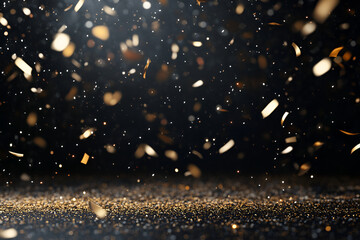 Naklejka premium Festive shiny gold confetti in the air, party background, template