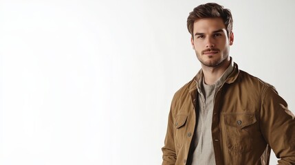 Fototapeta premium Stylish Young Man in Casual Outfit Posing Confidently Against a Light Background