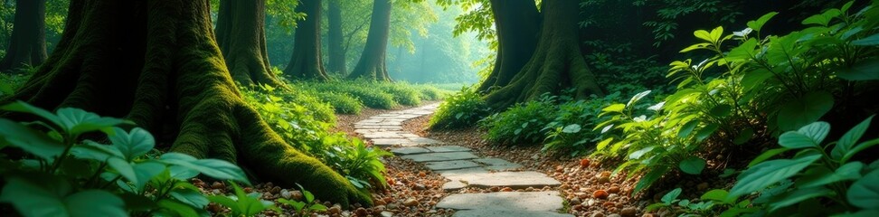 Obraz premium Ancient stone path winding through dense forest foliage, rustic, stone