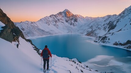 Almaty, Kazakhstan A traveler hikes up the snow-capped peaks near Big Almaty Lake, the icy waters glowing blue. 