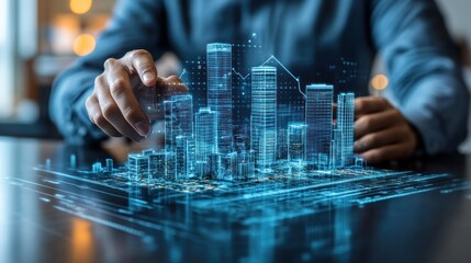 Businessman interacts with virtual city model, office background