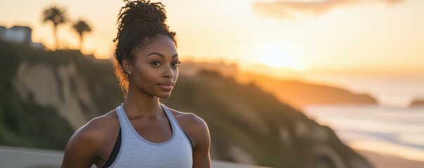 African female young adult in athletic wear enjoying sunset by the beach