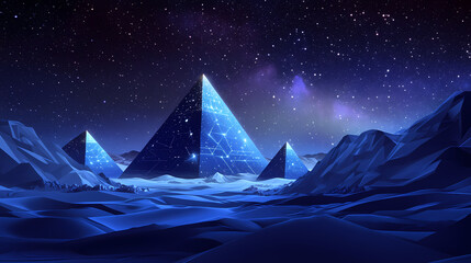 Fototapeta premium Surreal desert landscape with glowing pyramids and geometric cubes under starry night sky. Otherworldly Desert Mirage. Illustration