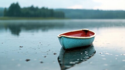 Naklejka premium Small boat on calm lake, misty forest background. Relaxation, serenity