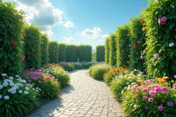 Obraz premium Beautiful colorful flowers and green bushes lining a winding cobblestone pathway under bright blue sky, perfect for garden, spring, nature, relaxation, outdoor, landscape backgrounds scenic peaceful