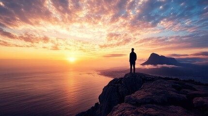 Fototapeta premium Cape Town, South Africa A traveler stands on the edge of Lions Head, overlooking Table Mountain and the Atlantic Ocean at sunset.