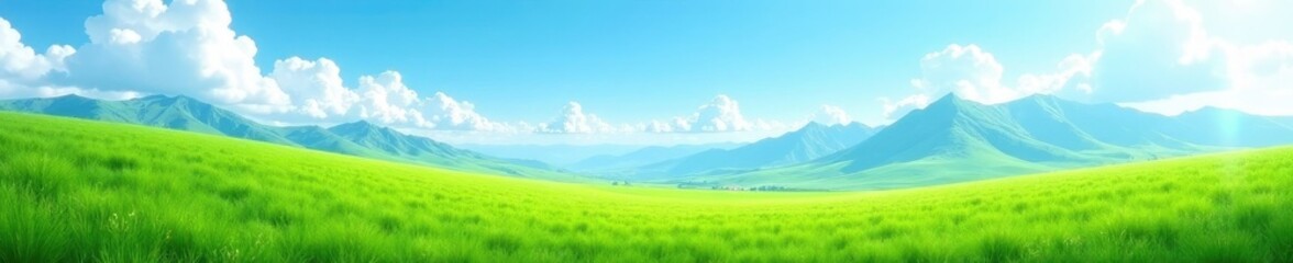 Fototapeta premium A serene scene of a green grass field under a brilliant blue sky with cumulus clouds and distant mountain peaks, Landscapes, Spring, Summer