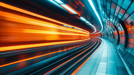 A futuristic illuminated spaceship corridor featuring vibrant glowing lights. The sleek design symbolizes advanced technology, exploration, and the journey into uncharted realms of space.

