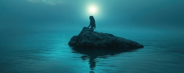 Obraz premium Solitary woman silhouette at dusk on rock surrounded by calm water with mysterious blue sky